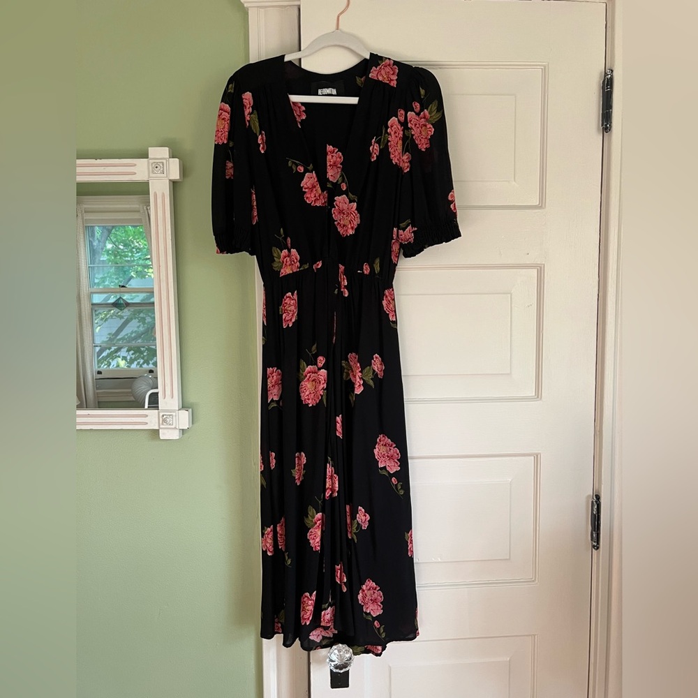 Reformation Black and Pink Floral Midi Dress